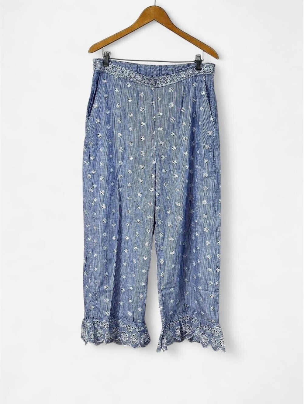 NWT Blue Striped Eyelet Wide Leg Pants